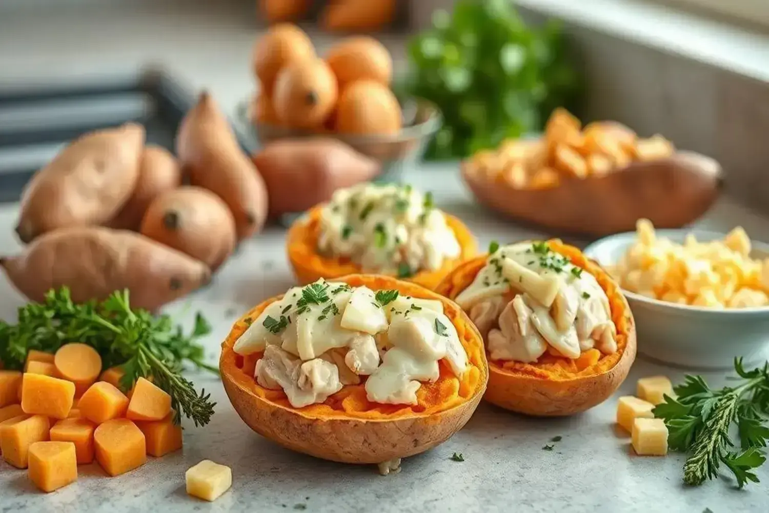 Deliciosas bolitas de papas rellenas de queso con pollo y verduras frescas Tres bolitas de papas rellenas de queso sobre un fondo claro, decoradas con salsa blanca, trozos de pollo y perejil picado. Alrededor, boniatos y trozos de zanahoria fresca asomando.