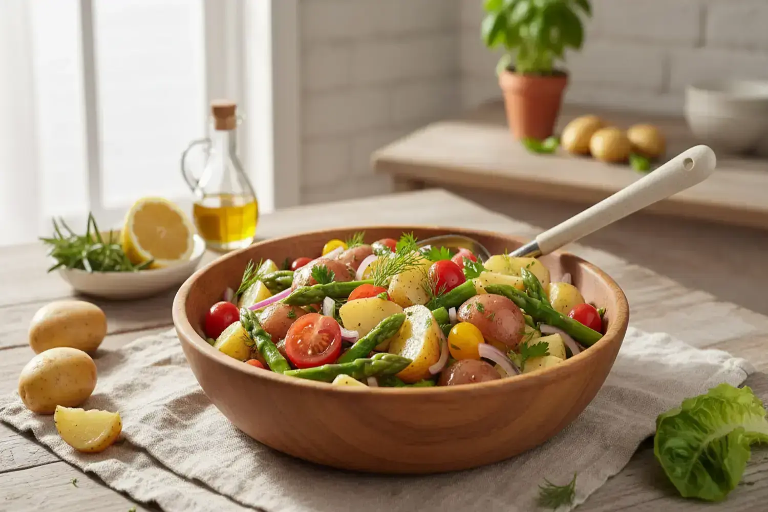 Deliciosa ensalada de patata con espárragos, tomates cherry y hierbas frescas en un ambiente hogareñ Ensalada de patata colorida en un tazón de madera, con papas amarillas y rojas, espárragos verdes, tomates cherry y cebolla morada, sobre un fondo de mesa clara.