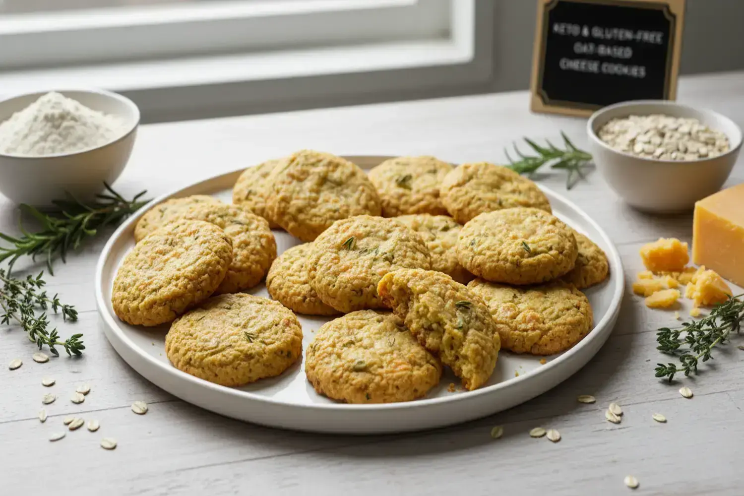 Deliciosas galletas de queso en un plato, acompañadas de ingredientes frescos y naturales Plato blanco con galletas de queso doradas, rodeadas de ramas de tomillo y avena, con un bol de harina al fondo.