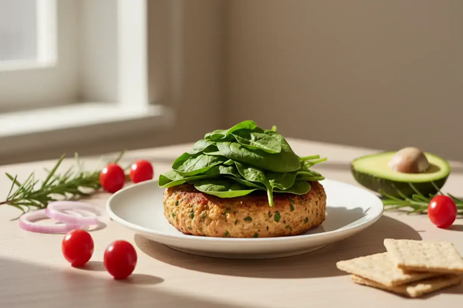 Hamburguesa de pavo sobre un plato blanco, cubierta con hojas de espinaca frescas, acompañada de tomates cherry rojos y galletas de sal.