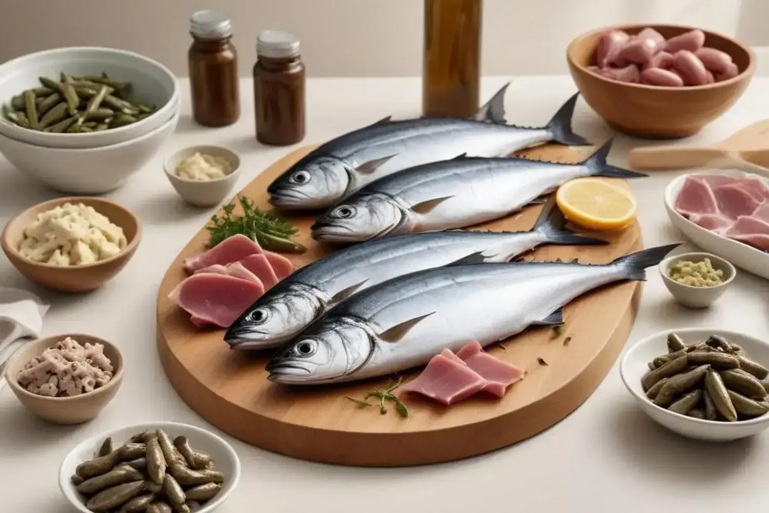 Plato de madera con pescado fresco y finas rodajas de atún rosa, rodeado de ingredientes frescos y saludables, resaltando el paté saludable.