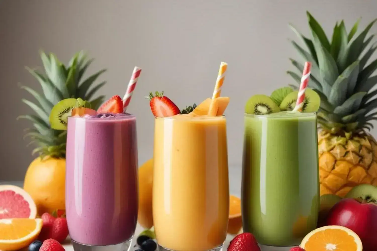 Tres batidos para bajar de peso en vasos altos. Uno morado con fresa, uno amarillo con melón y uno verde con kiwi, rodeados de frutas frescas.