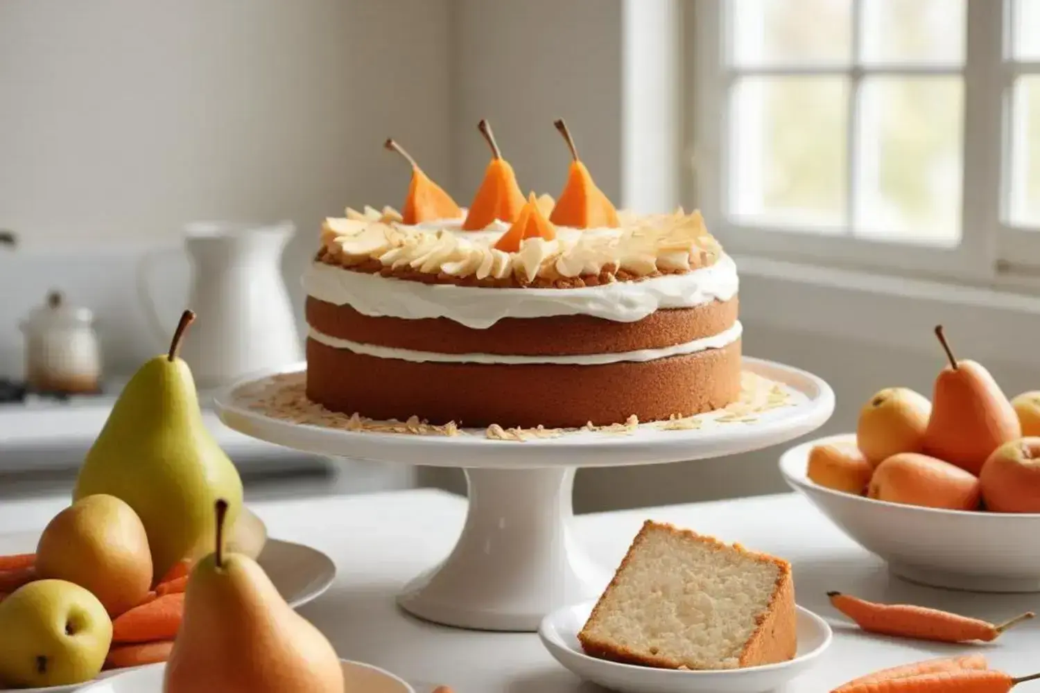 Delicioso con receta de pastel saludable pastel saludable decorado con rodajas de almendra y peras pequeñas sobre un pedestal blanco, con zanahorias y peras frescas alrededor.