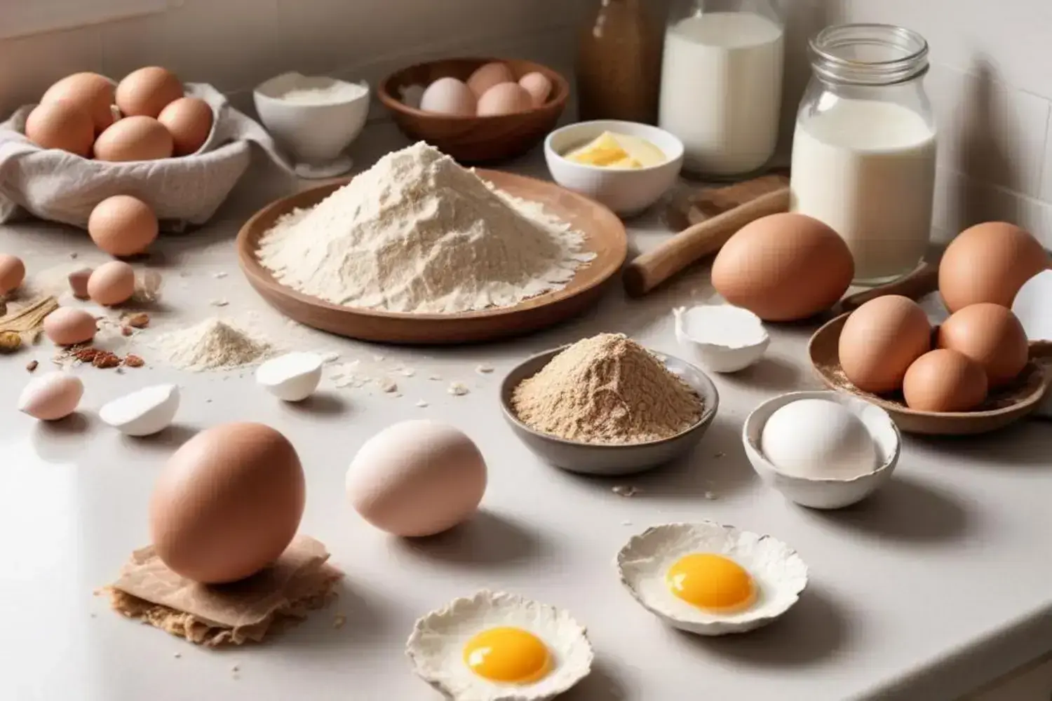 Mesa de cocina con ingredientes para receta de pastel de coco, incluyendo harina blanca, huevos de diferentes tamaños y amarillos cada uno en su cáscara