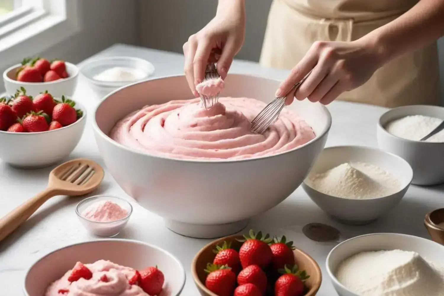 Deliciosa preparación de pastel de fresa con fresas frescas y masa cremosa en la cocina Una mezcla cremosa de pastel de fresa rosada en un tazón grande, decorada con fresas frescas rojas alrededor en tazones blancos.