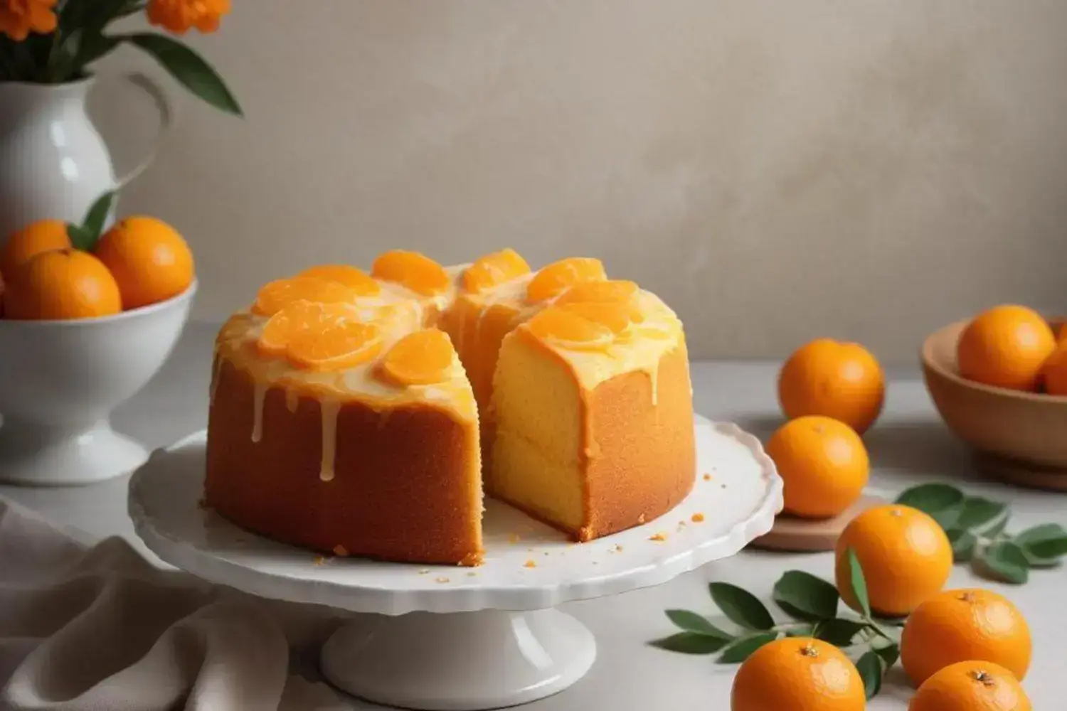 Pastel de mandarina decorado con gajos y glaseado, una deliciosa opción de postres de mandarina Delicioso con postres de mandarina pastel de mandarina con glaseado amarillo y gajos de mandarina brillantes, rodeado de naranjas frescas sobre una mesa clara.