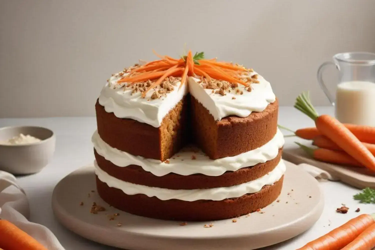 Delicioso pastel saludable de zanahoria con crema, decorado con zanahoria y nueces Pastel saludable de zanahoria con cobertura cremosa decorado con tiras de zanahoria, trozos de nuez y esparcillos sobre un plato redondo claro.