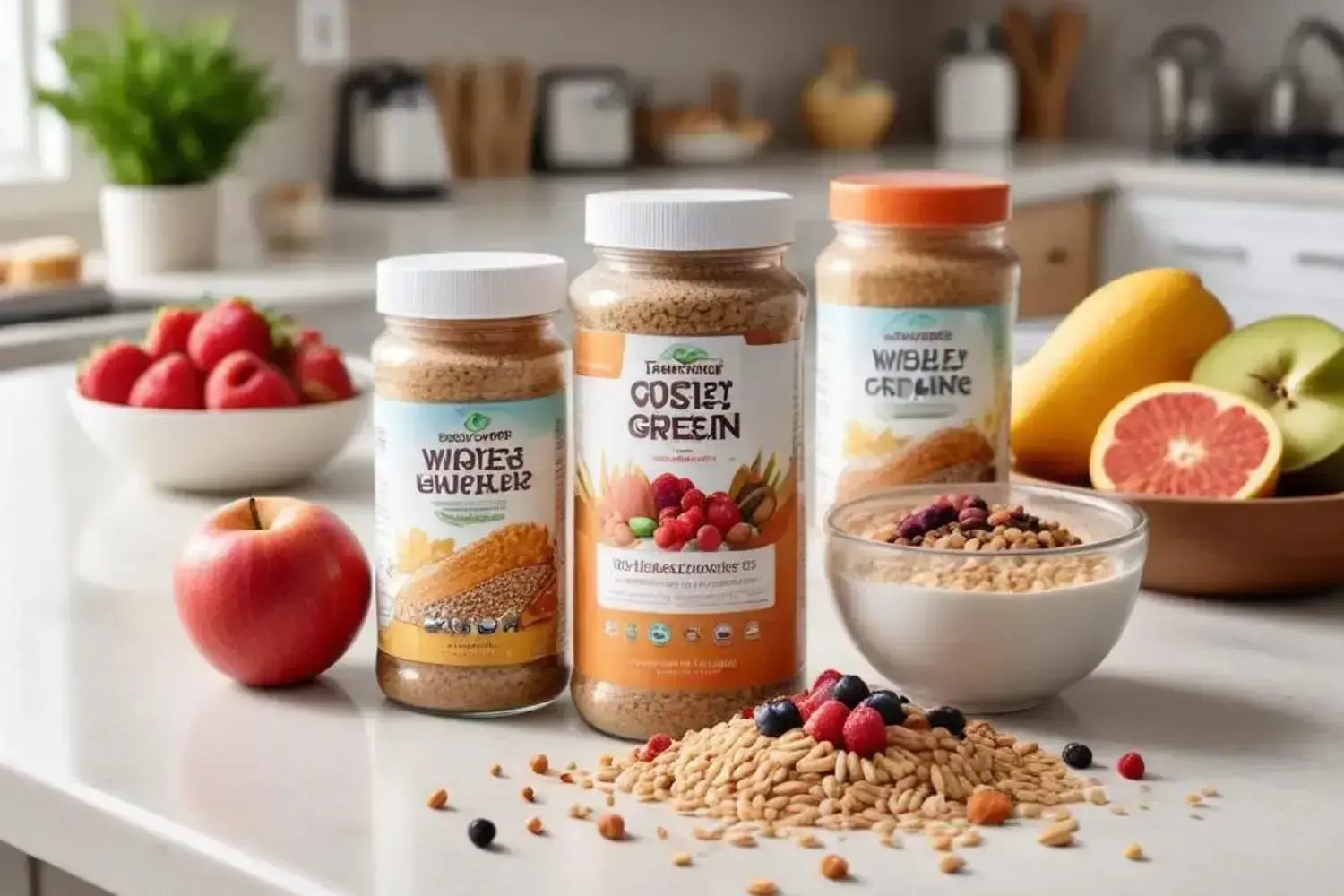 Ingredientes para preparar un pastel saludable, incluyendo frascos y frutas frescas en una cocina mo Tres con pastel saludable frascos de ingredientes saludables en la mesa, junto a un manzana roja y un cuenco con cereales. El fondo muestra fresas y frutas variadas.