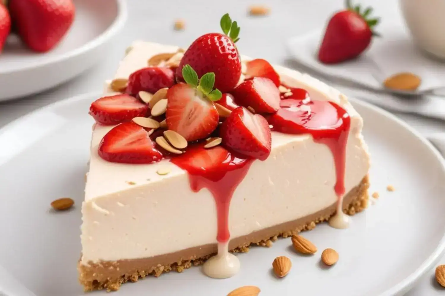 Delicioso pastel de fresa decorado con fresas frescas y almendras, presentado en un plato blanco Porción de pastel de fresa con crema suave, decorada con fresas frescas, salsa roja brillante y almendras en un plato blanco.
