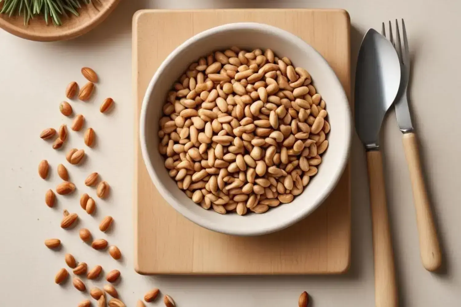 Un con piñones beneficios tazón blanco lleno de piñones tostados sobre una tabla de madera clara, rodeado de piñones sueltos y utensilios de cocina de metal.