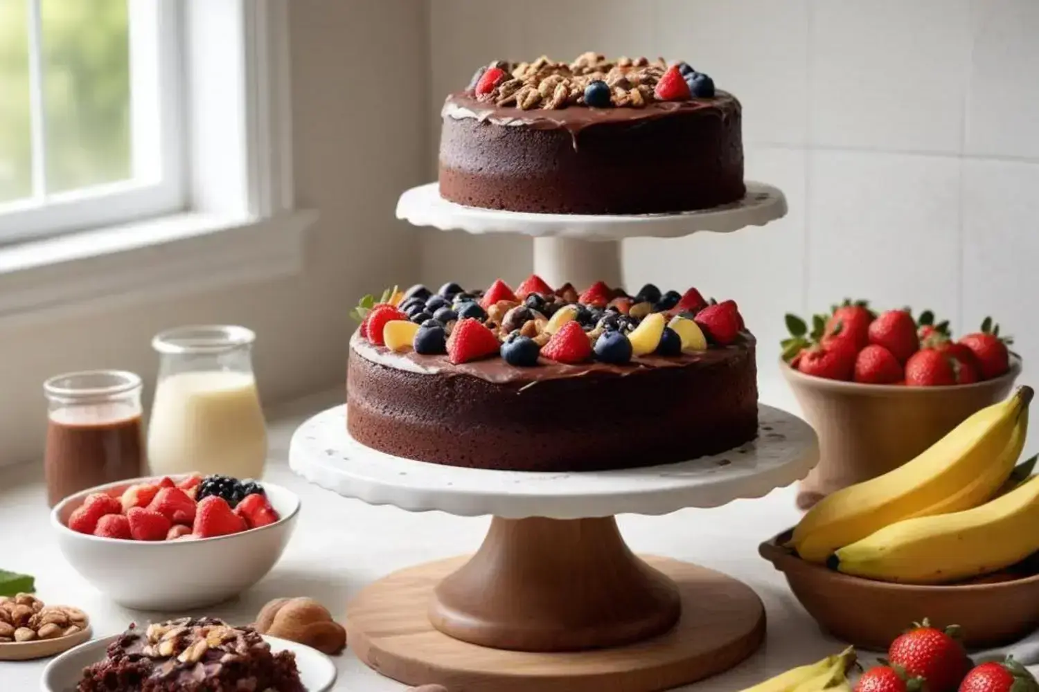 Deliciosas recetas de pastel de chocolate decoradas con frutas frescas y nueces Dos con recetas de pastel de chocolate pasteles de chocolate decorados con frutos rojos y trozos de nuez sobre un soporte de madera, rodeados de frutas frescas y salsas.