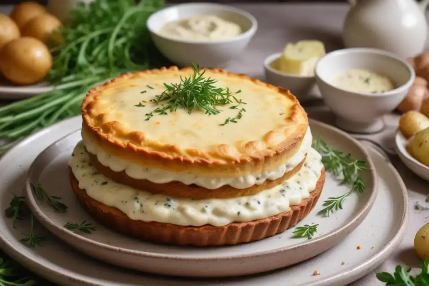 Delicioso pastel de berenjena con capas de crema y hierbas, acompañado de patatas y salsas Pastel de berenjena de tres capas con crema suave y hierbas encima, decorado con ramitas de eneldo fresco sobre un plato blanco, rodeado de patatas pequeñas y salsa en cuencos.