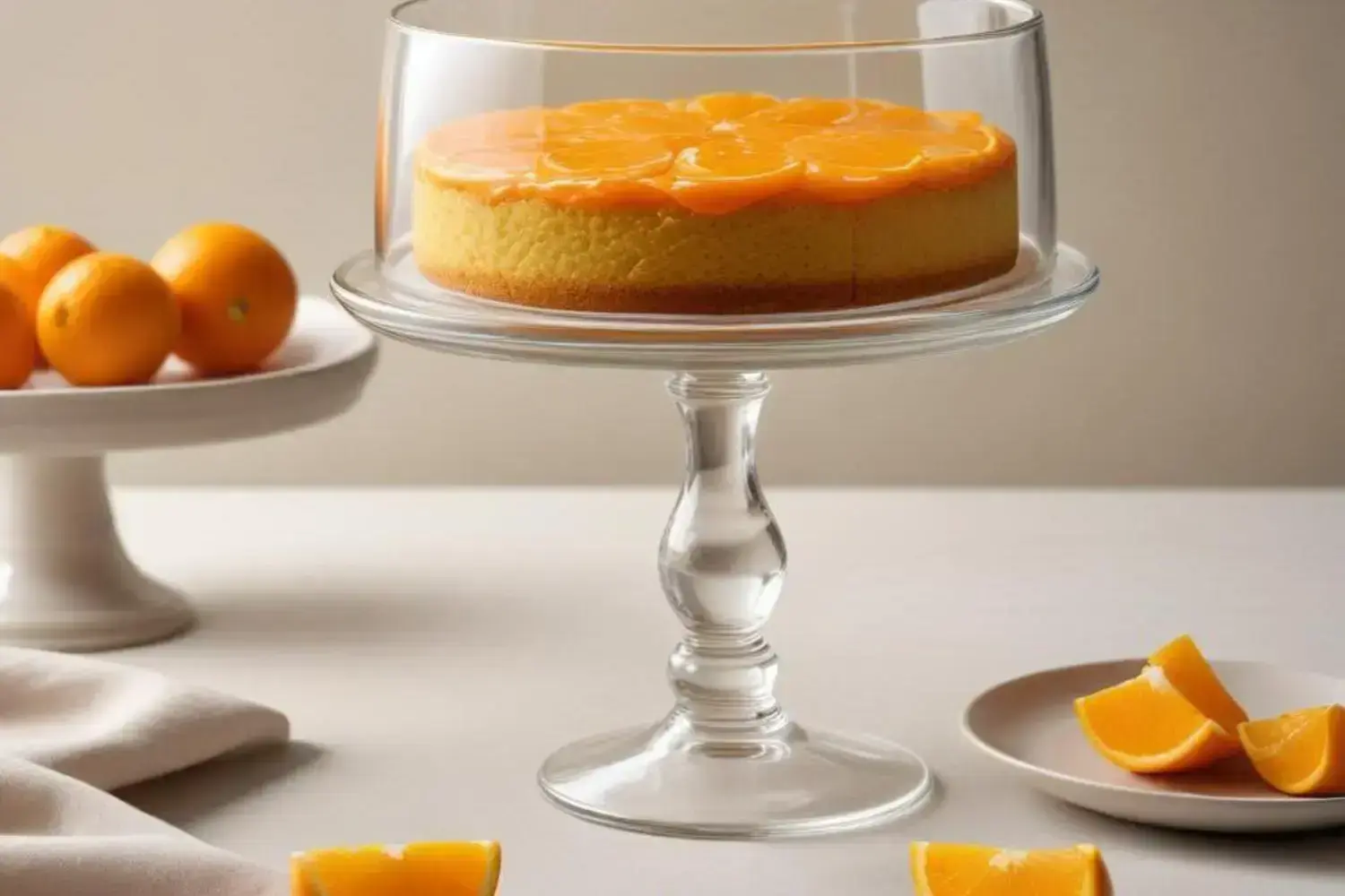 Un con recetas de pastel de naranja pastel de naranja brillante en un soporte de vidrio transparente, rodeado de naranjas frescas y rodajas de naranja, sobre un fondo claro.