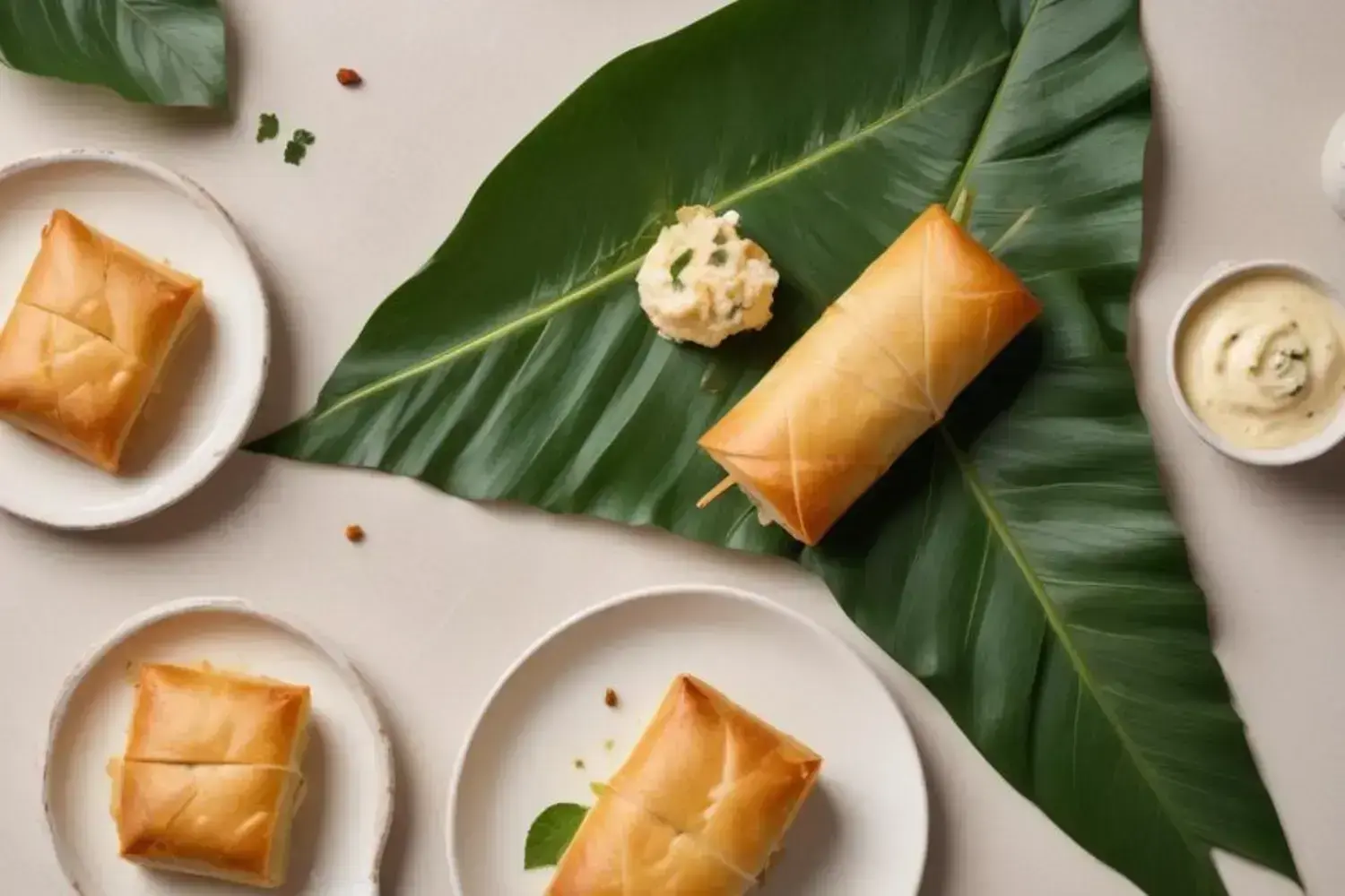 Deliciosos con pastel de yuca pasteles de yuca dorados, dispuestos sobre hojas verdes, con crema al lado; texturas crujientes y suaves en contraste.