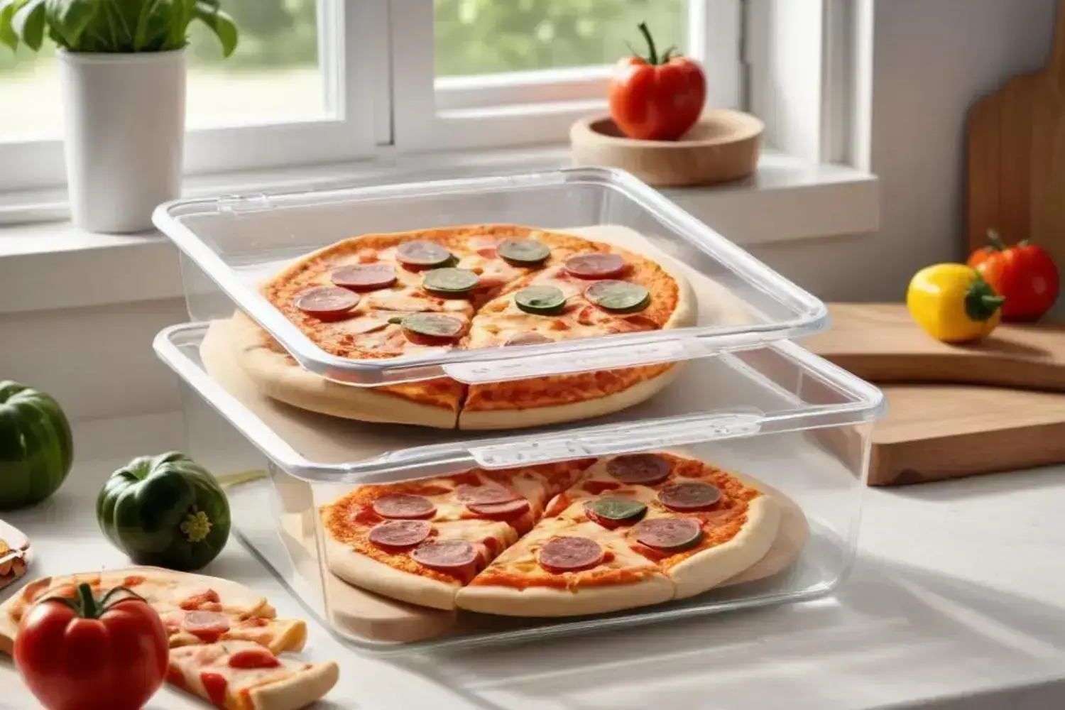 Dos con pizza de calabacín pizzas de calabacín sobre una mesa de madera, con rodajas de pepperoni y jalapeños, en recipientes transparentes, junto a tomates frescos y pimientos verdes.