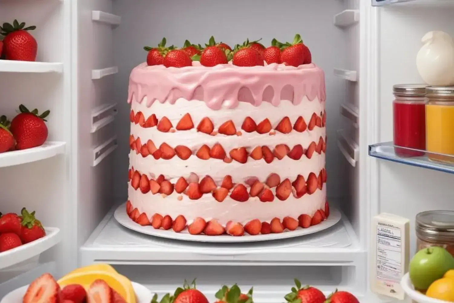 Delicioso pastel de fresa con capas de crema y fresas frescas en el refrigerador Pastel de fresa de tres capas, decorado con fresas enteras y glaseado rosa, colocado en un refrigerador junto a frutas frescas.