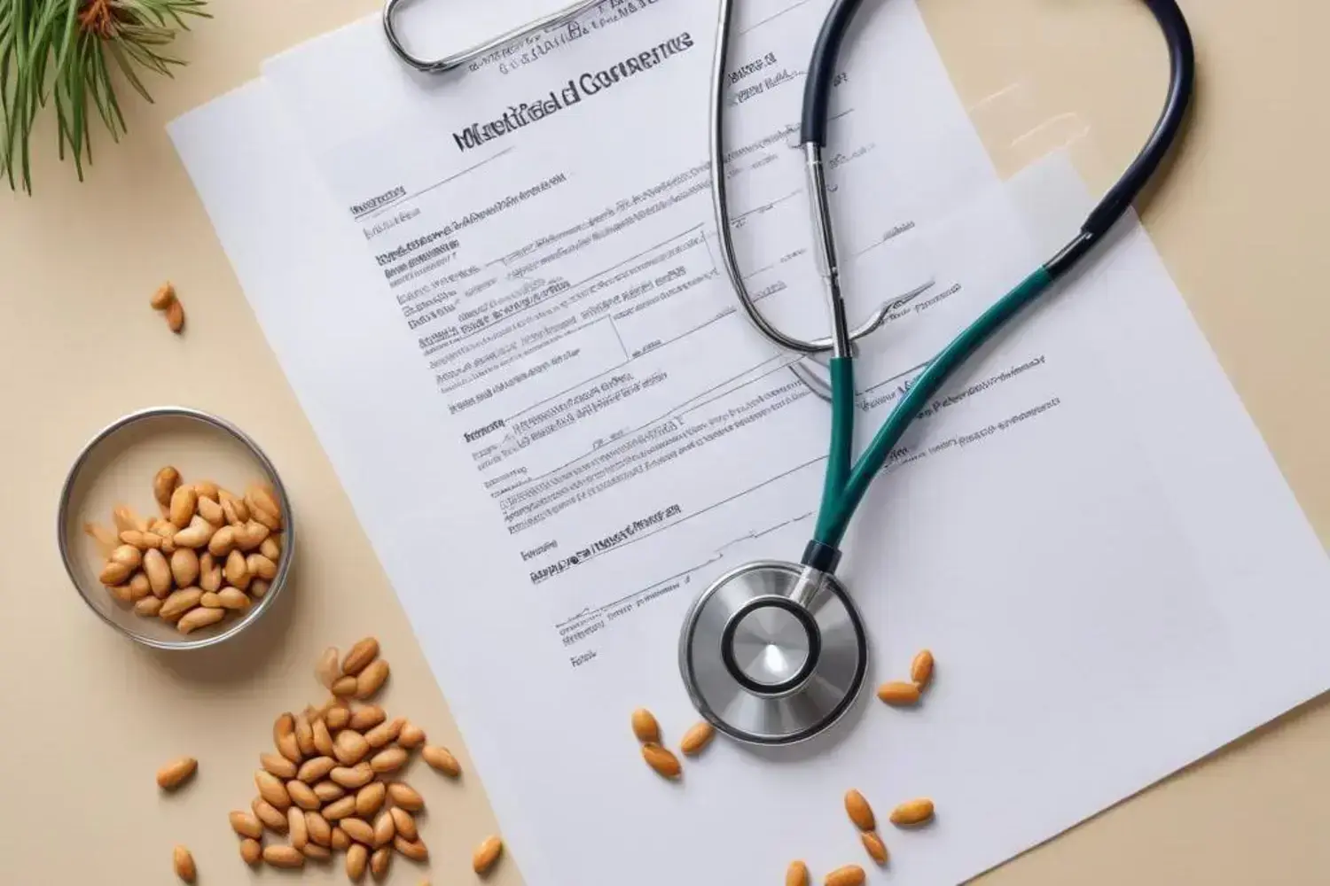 Un con piñones beneficios estetoscopio plateado sobre una hoja blanca con detalles impresos. Alrededor, piñones de colores tostados en un tazón de metal y esparcidos sobre la mesa, resaltando los bene