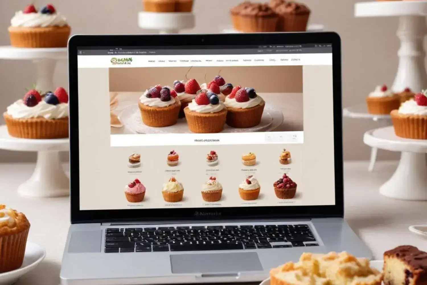 pastel sin azúcar presentación de cupcakes sin azúcar en computadora, colores vibrantes y textura cr Computadora con pastel sin azúcar portátil mostrando una deliciosa selección de cupcakes sin azúcar con crema y frutas de colores vibrantes, sobre mesa clara