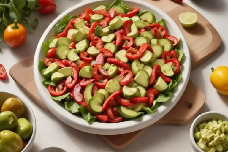 Ensalada de pimientos asados con coloridos pimientos rojos y verdes sobre hojas verdes de lechuga en un plato blanco, decorada con rodajas de pepino fresco.