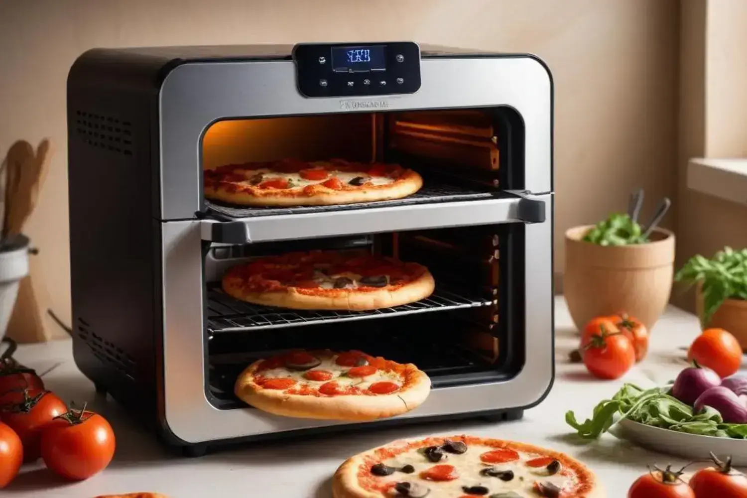 Horno con pizza saludable moderno con tres pizzas saludables, doradas y con ingredientes frescos, rodeado de tomates rojos y hojas verdes de lechuga en una cocina iluminada.