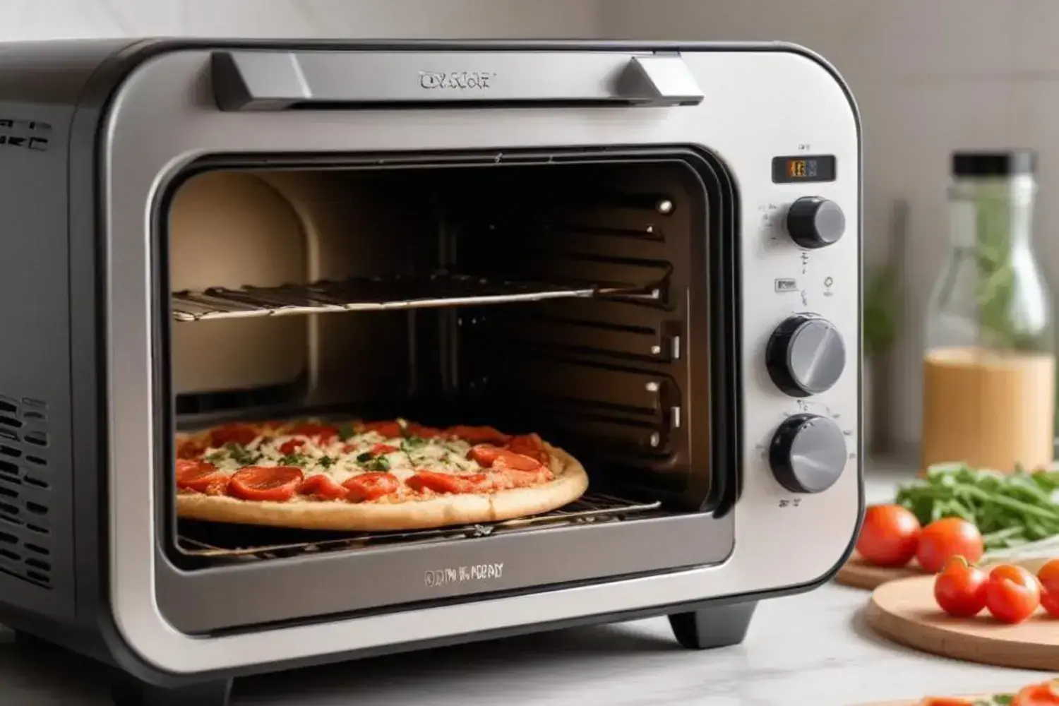 Horno de mesa con pizza de avena, cubierta de rodajas de tomate y queso derretido. A la derecha, ingredientes frescos como tomates cherry y espinacas.