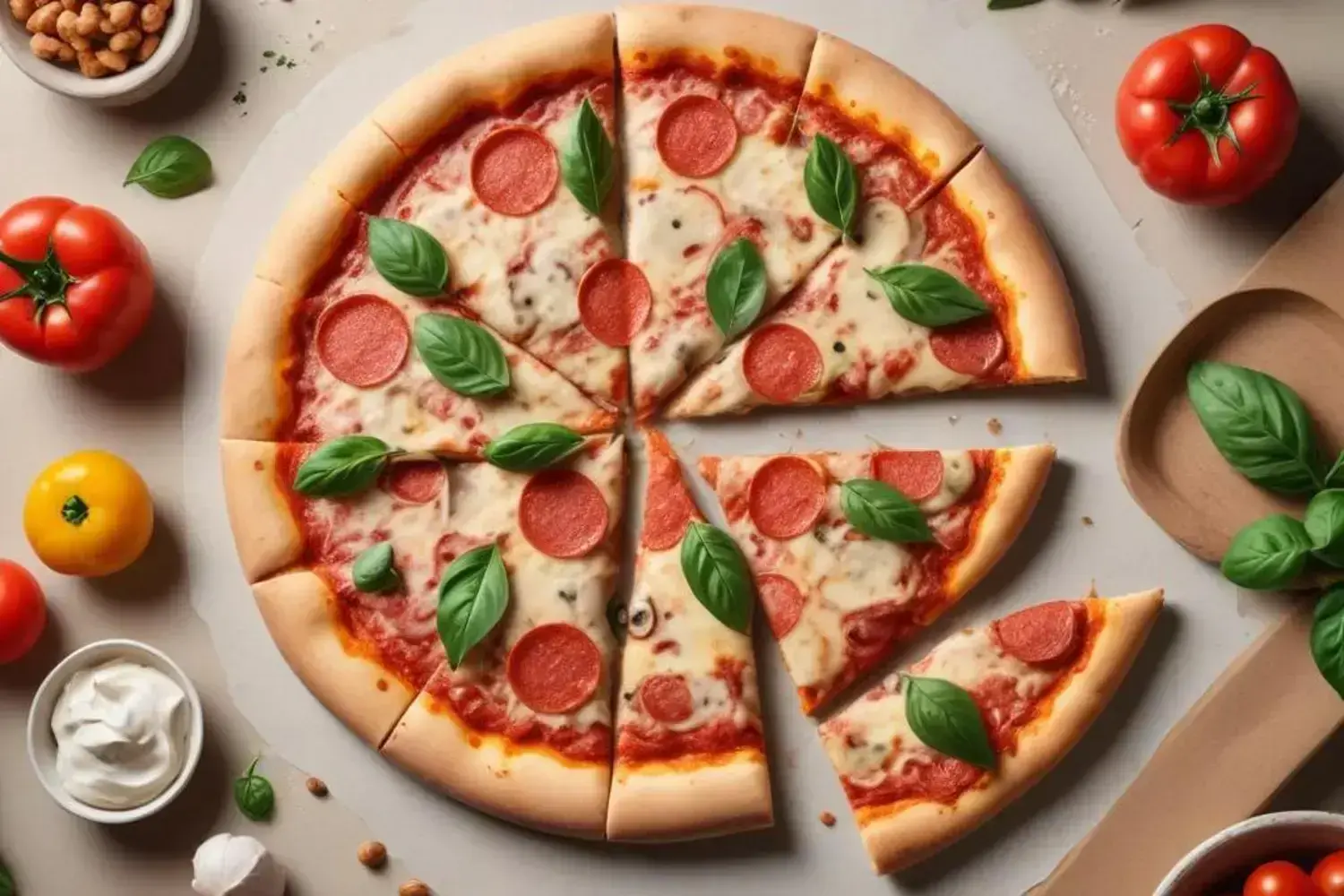 Pizza saludable en casa: bases ligeras, tips de sabor y opciones sin gluten 1 Pizza saludable con corteza dorada, salsa de tomate, mozzarella fundida, rodajas de pepperoni y albahaca fresca en la parte superior, rodeada de tomates rojos y amarillos.