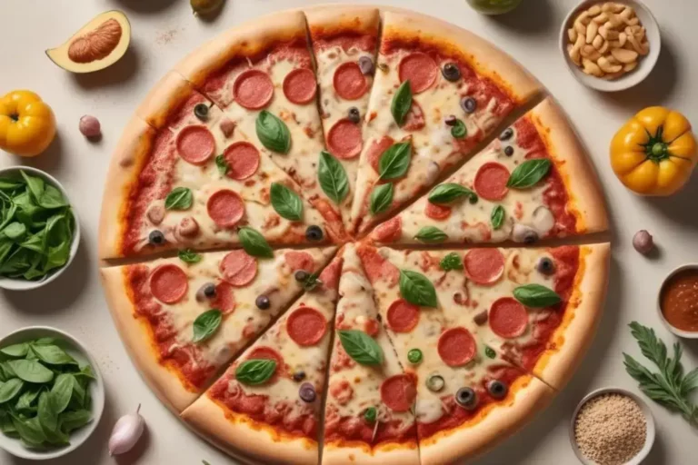 Pizza saludable en forma de estrella, cubierta con rodajas de pepperoni, aceitunas negras y hojas verdes frescas de albahaca, rodeada de ingredientes frescos como espinacas, ajo y pimientos.