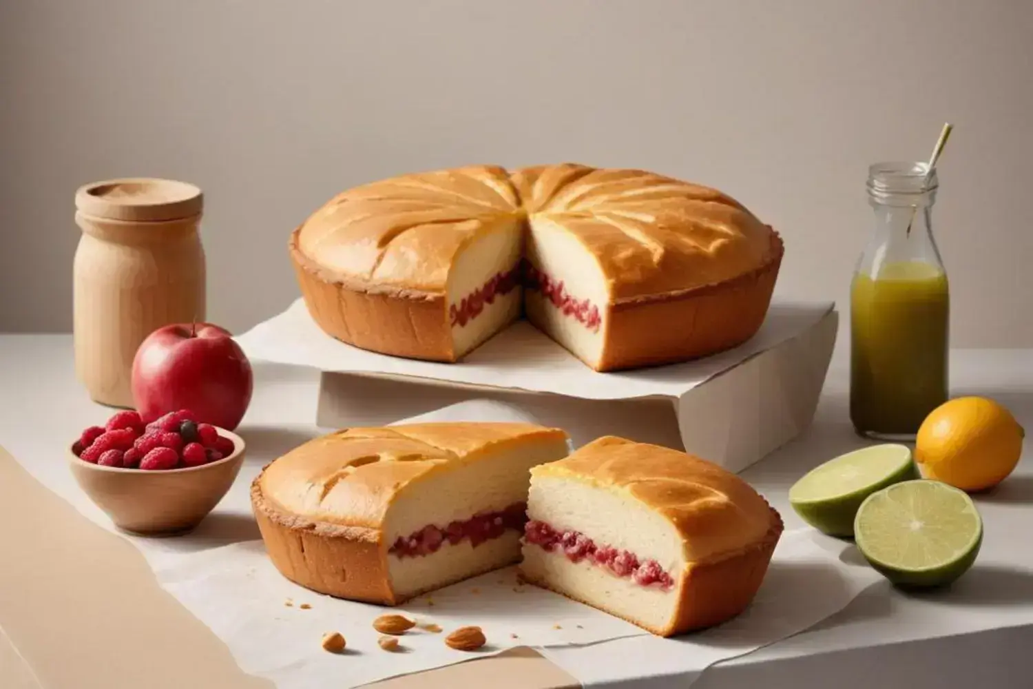 Torta sin lactosa esponjosa: receta paso a paso, versión light y tips clave 1 Torta sin lactosa de color dorado con una capa interior de frambuesa, presentada sobre un soporte blanco, rodeada de frutas frescas y un frasco de líquido verde.