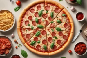 Pizza saludable sin harina con rodajas de pepperoni y hojas verdes de albahaca dispuestas sobre una corteza dorada, rodeada de tomates y pasta en platos blancos.