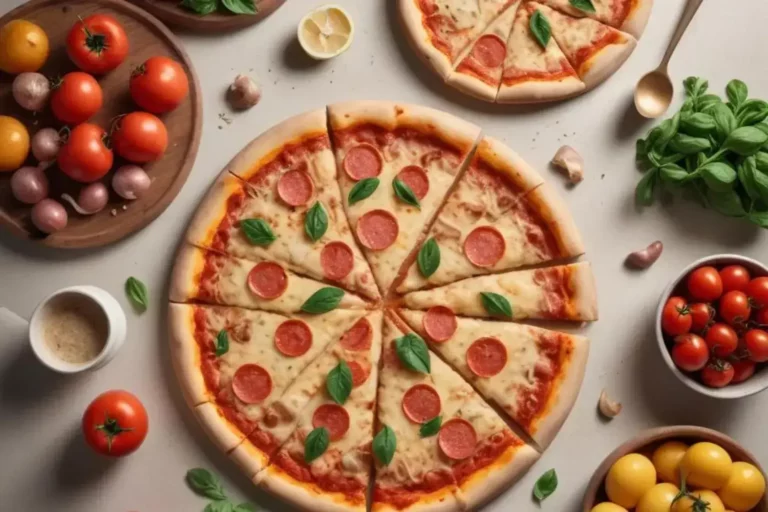 Pizza con patata con trozos de pepperoni y hojas verdes de albahaca, colocada sobre una mesa clara junto a tomates y ajos.