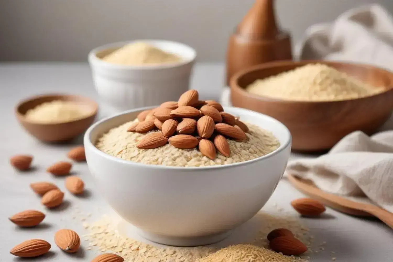 Deliciosa mezcla de harina de almendra en bol blanco, perfecta para pastel de chocolate sin harina Bol blanco lleno de harina de almendra decorado con almendras tostadas, rodeado de otros recipientes con más harina, sobre una mesa clara con texturas suaves. Ideal para pastel de chocolate sin harina