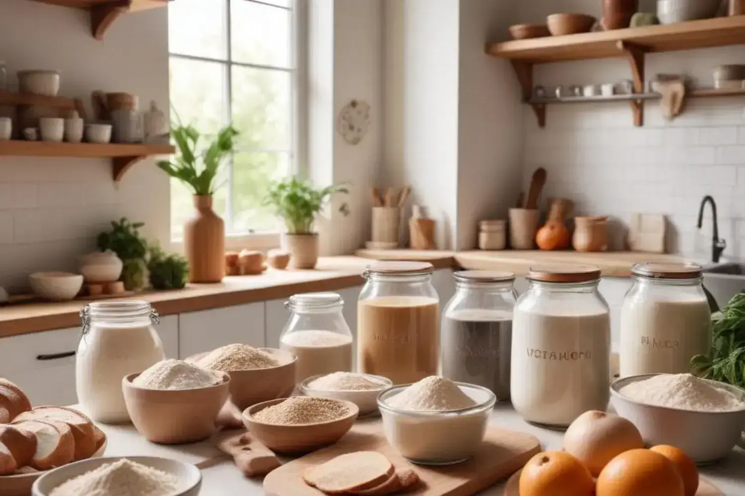 Ingredientes frescos y orgánicos para preparar pan vegano en una cocina iluminada Mesa de cocina con varios recipientes de vidrio llenos de harina, ingredientes para pan vegano, y frutales naranjas sobre una manta clara.