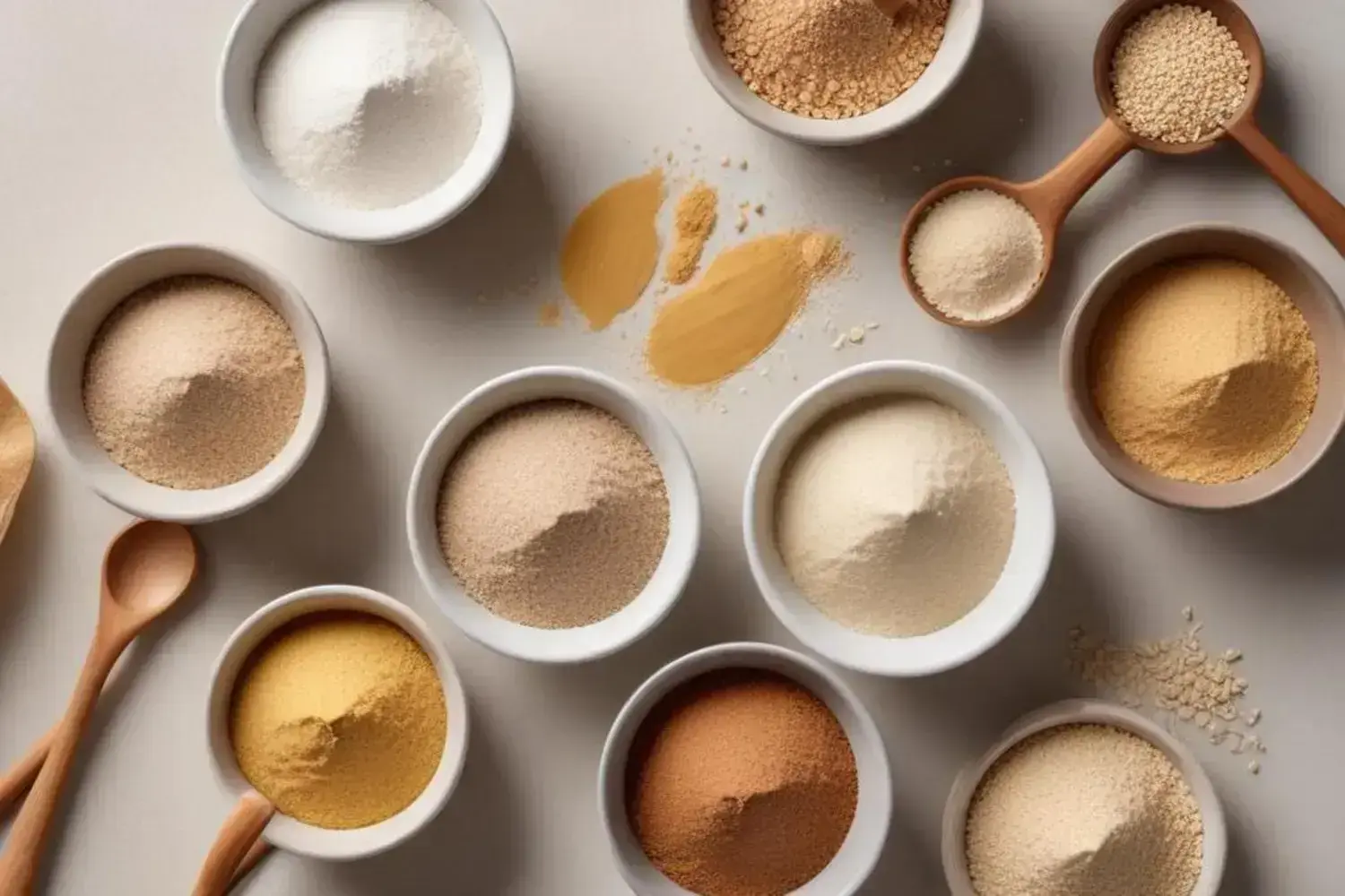 Ingredientes en polvo coloridos para preparar un delicioso pastel sin azúcar Diversos tazones de ingredientes en polvo, incluyendo harina, azúcar de coco, y polvo de vainilla, sobre una superficie clara, ideal para preparar pastel sin azúcar.