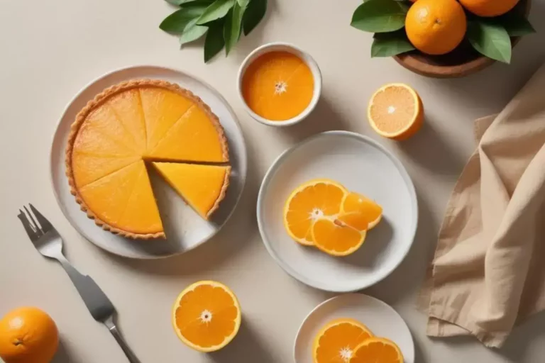 Pastel de naranja brillante en un plato blanco, con una porción cortada; rodajas de naranja frescas y hojas verdes rodean la escena. Recetas de pastel de naranja.
