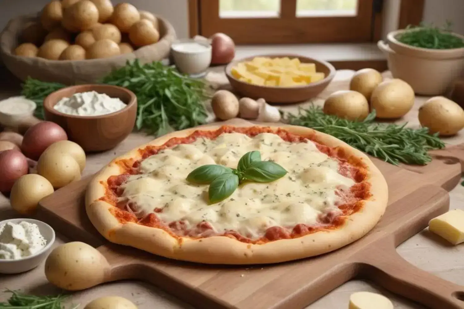 Pizza con patata sobre una tabla de madera, cubierta de queso fundido, con una salsa roja y albahaca fresca, rodeada de patatas y hierbas verdes.