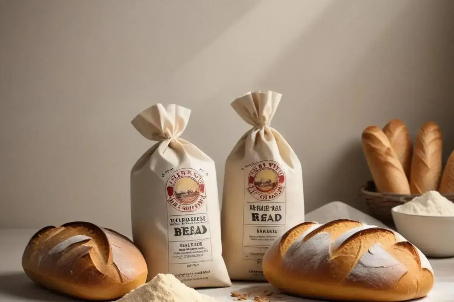 Pan recién horneado de color dorado con cortes en la parte superior, junto a bolsas de papel con la etiqueta 
