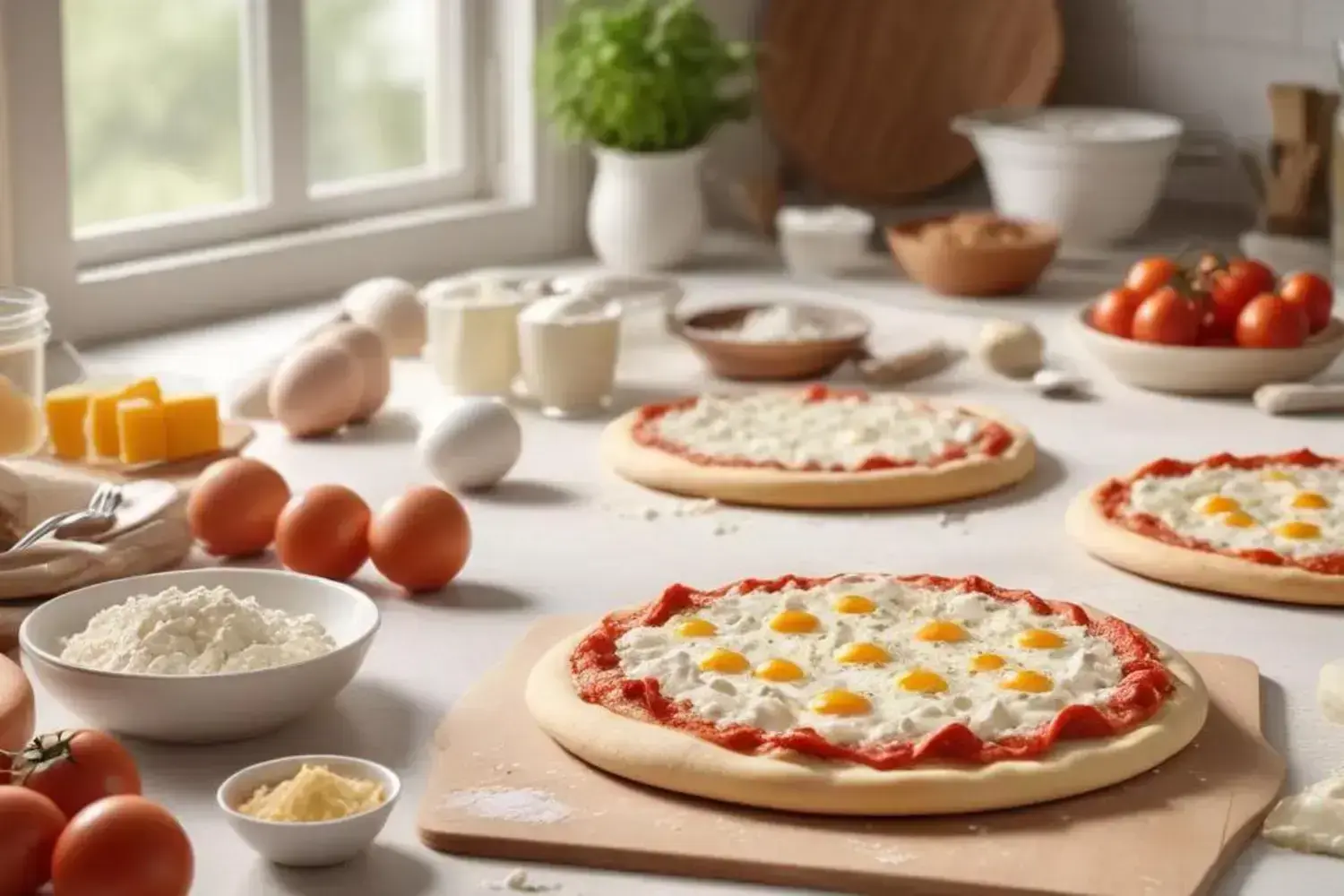 Tres con pizza proteica pizzas proteicas sobre una tabla de madera, con salsa de tomate y claras de huevo, rodeadas de ingredientes frescos en una cocina iluminada.