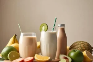 Tres batidos para bajar de peso: uno en vaso alto con pajilla verde, otro en frasco con tapa metálica, y frutas variadas como plátanos y limones alrededor.