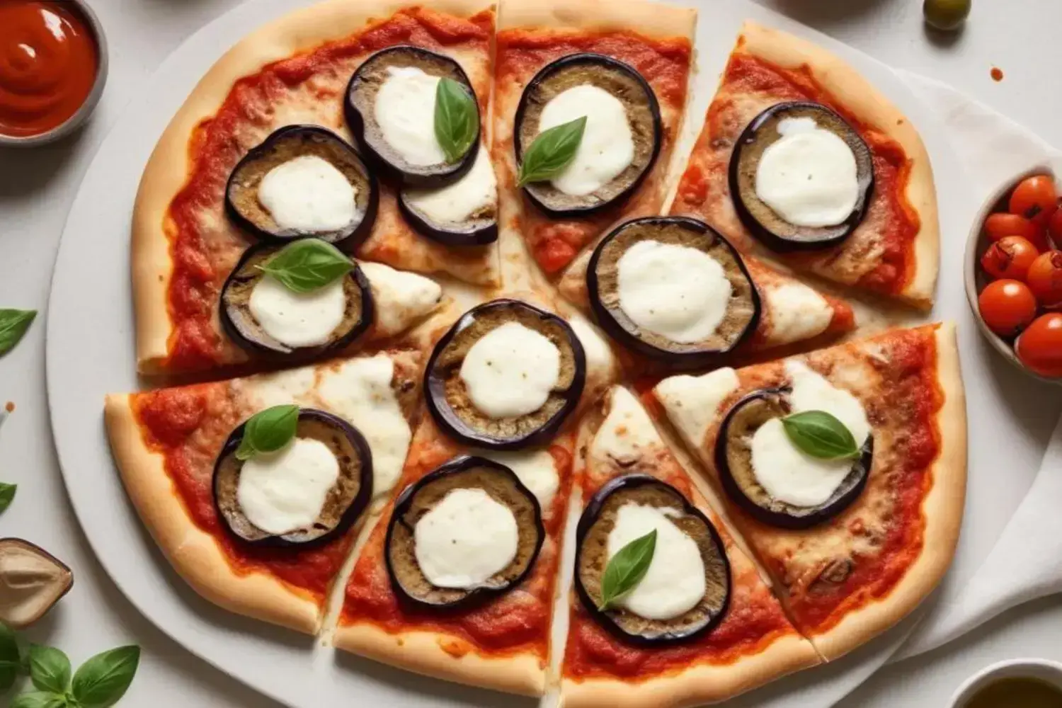 Pizza de berenjena con rodajas moradas de berenjena asada y mozzarella blanca entre salsa roja, decorada con hojas verdes de albahaca.