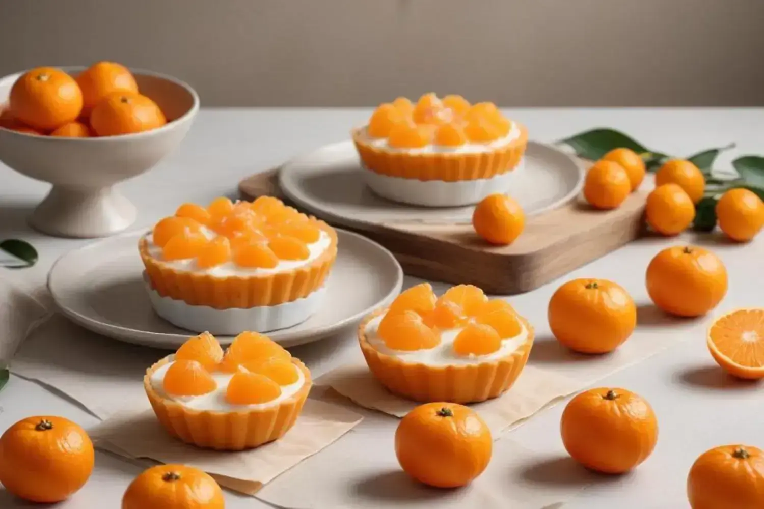 Deliciosos postres de mandarina decorados con gajos frescos sobre un fondo claro y acogedor. Postres de mandarina en tarteras blancas con frescura, decorados con gajos de mandarina brillante sobre un fondo claro.