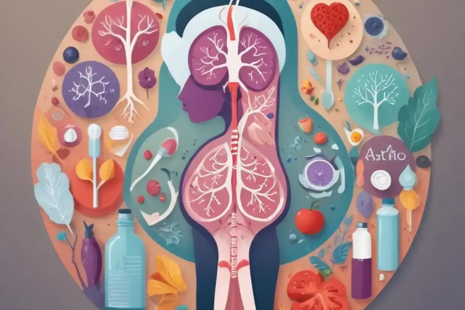 Ilustración colorida de un cuerpo humano con órganos internos, rodeado de ingredientes naturales, ideal para recetas de pastel salado.