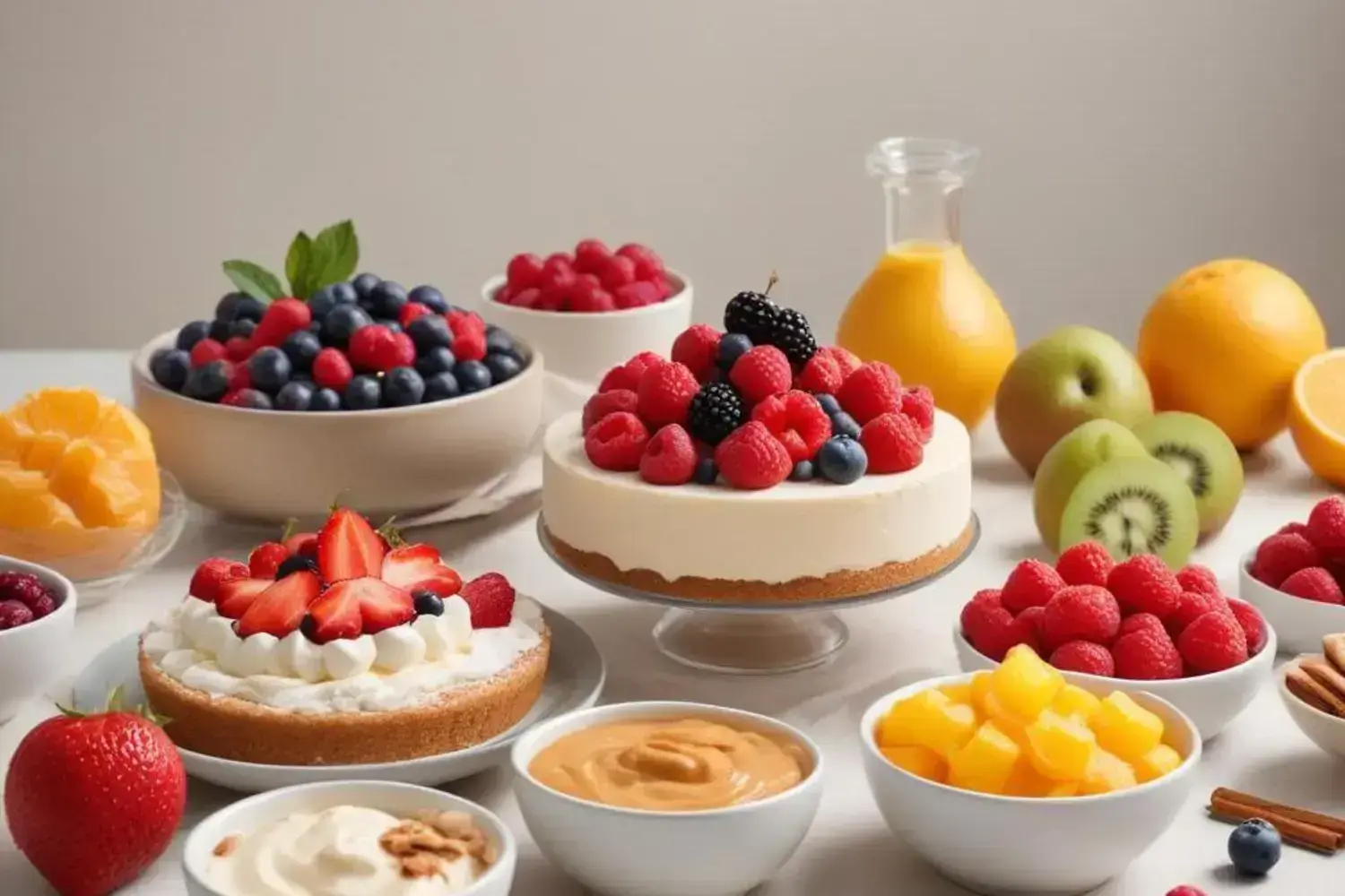 Mesa con un delicioso postre saludable, pastel blanco decorado con frambuesas y moras, rodeado de frutas frescas y coloridas.