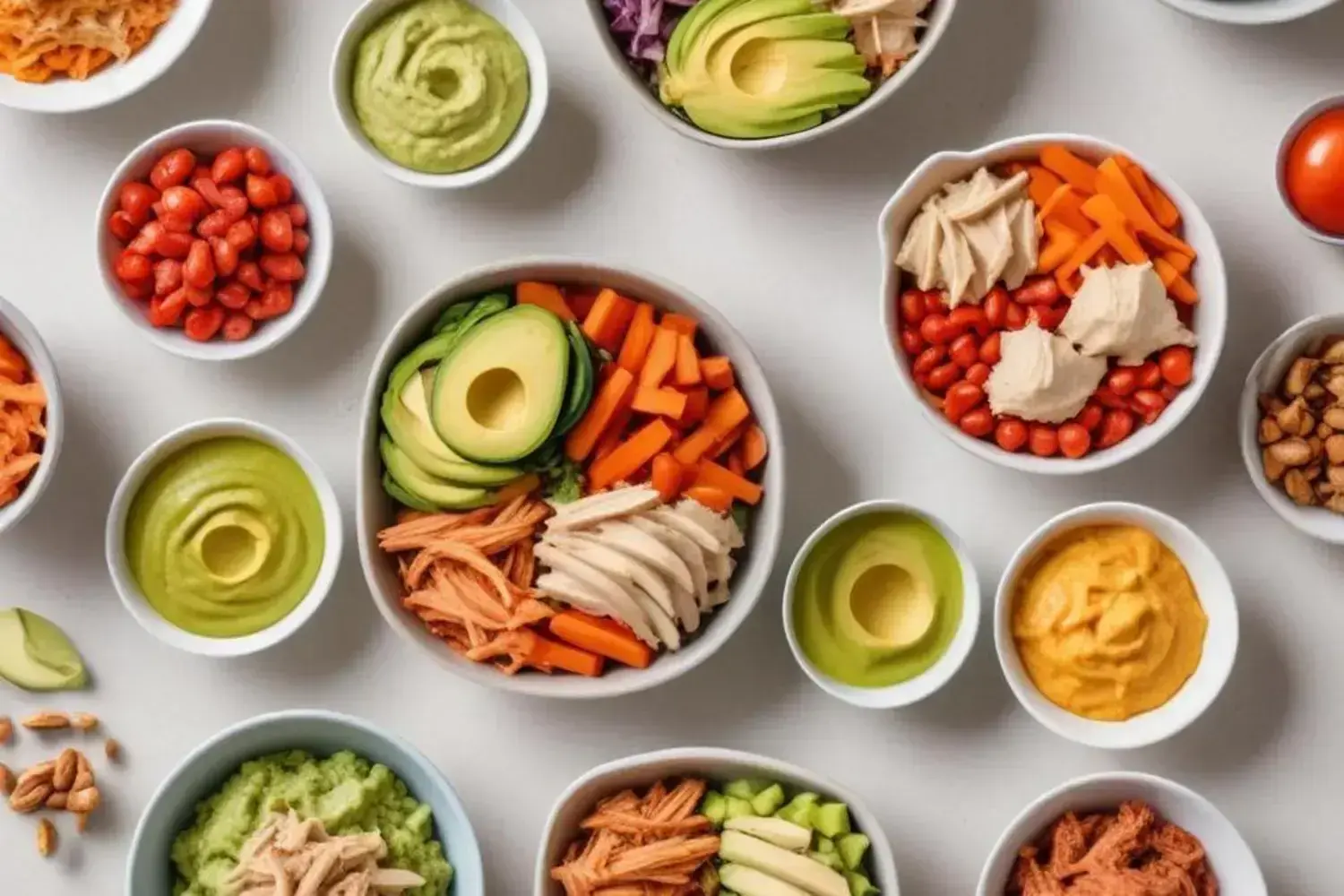 Deliciosos ingredientes frescos para recetas paleo dispuestos en tazas coloridas sobre una mesa blan Varias tazas de ingredientes frescos para recetas paleo, incluyendo aguacate verde, zanahorias naranjas, trozos de pollo y salsas cremosas en colores vibrantes.