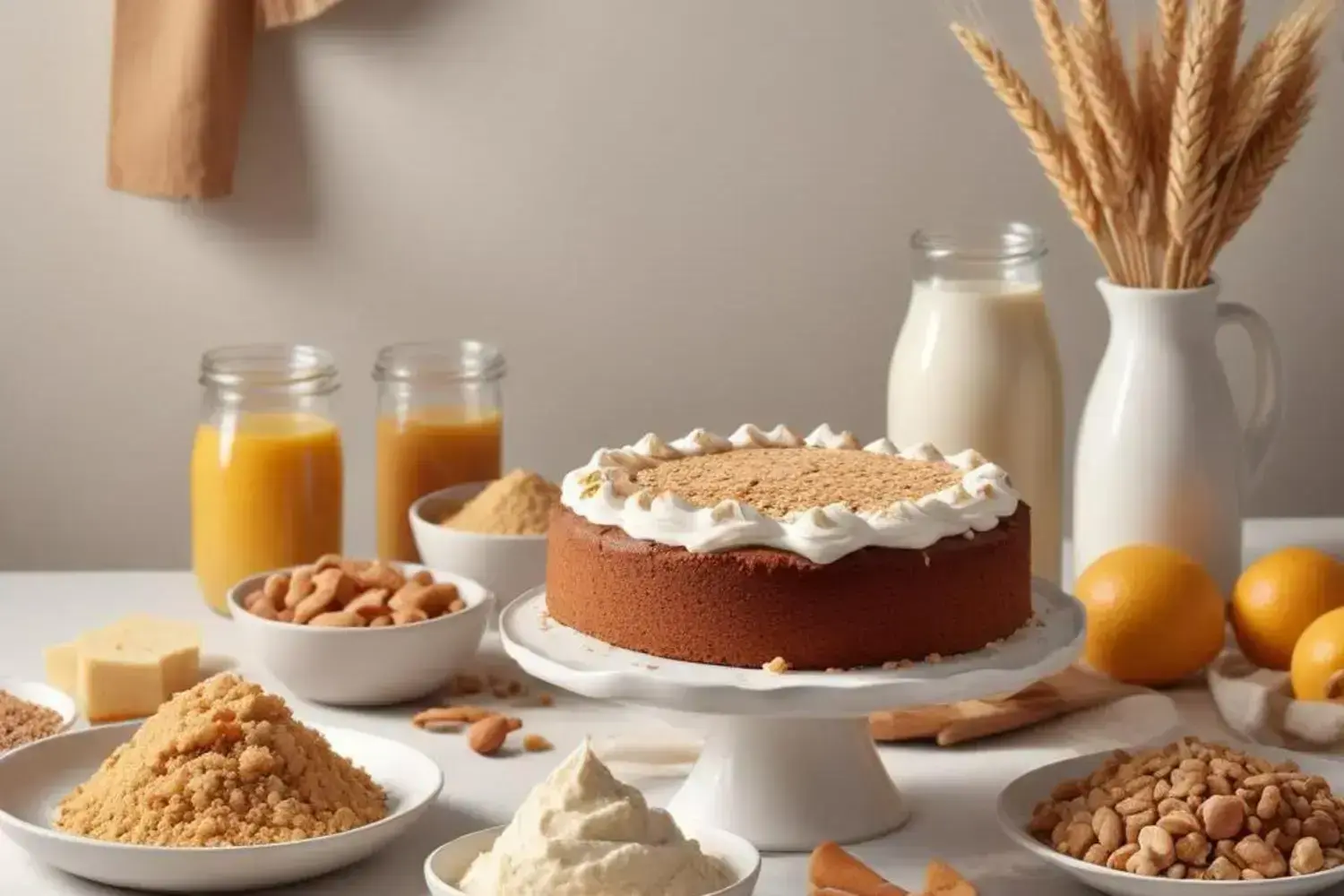 Delicioso pastel sin azúcar decorado y rodeado de ingredientes saludables y coloridos Pastel sin azúcar de color marrón claro decorado con crema blanca y galletas trituradas, rodeado de ingredientes como nueces, frutas y frascos.