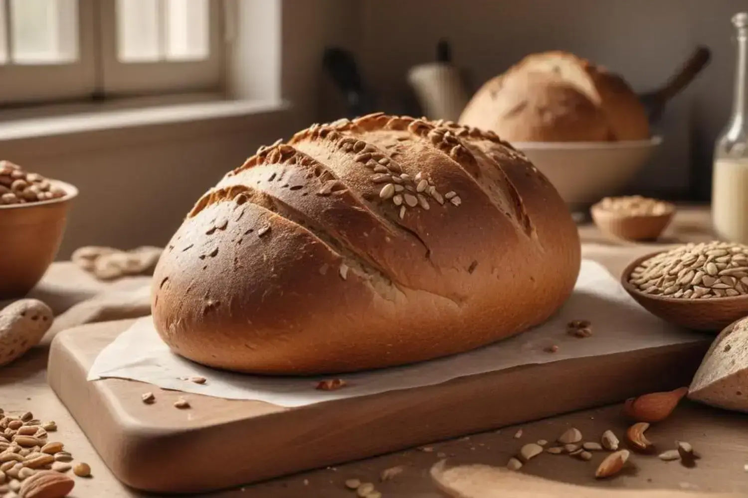 Delicioso pan vegano dorado y lleno de semillas en una tabla de madera Pan vegano dorado con semillas sobre una tabla de madera, rodeado de nueces y un tazón de semillas, iluminado suavemente.