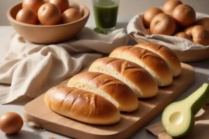 Cuatro con pan relleno casero panes rellenos caseros dorados sobre una tabla de madera, junto a huevos marrones y medio aguacate, todo sobre un fondo claro.