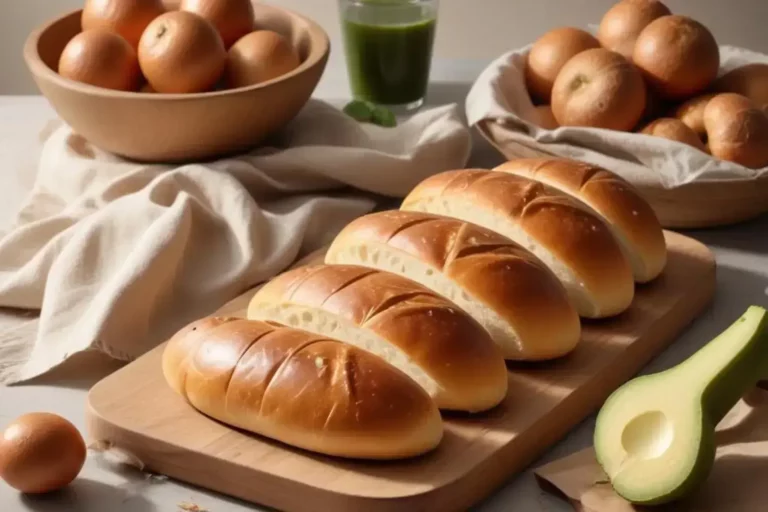 Cuatro con pan relleno casero panes rellenos caseros dorados sobre una tabla de madera, junto a huevos marrones y medio aguacate, todo sobre un fondo claro.