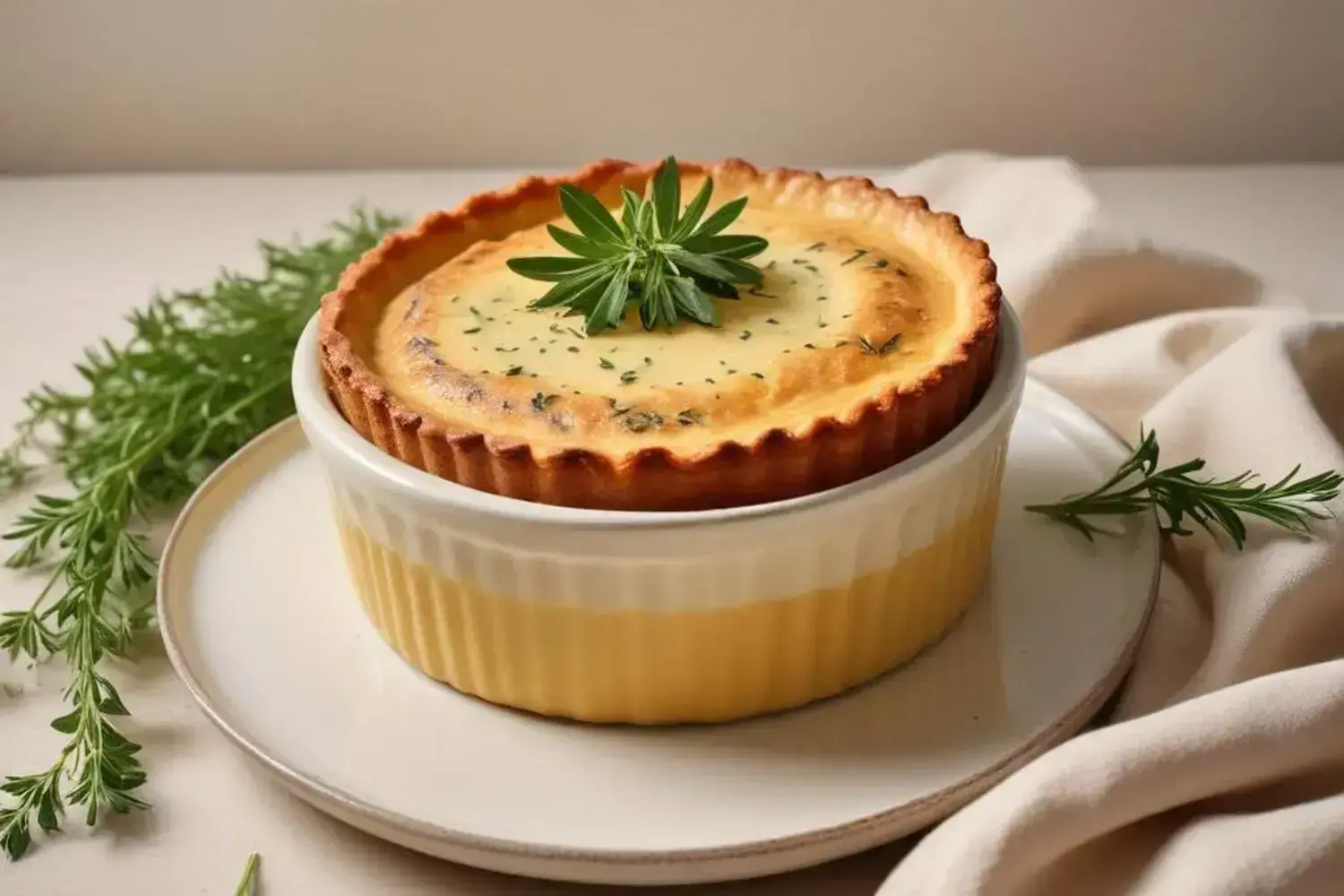 Delicioso pastel de berenjena en molde blanco con decoración de hierbas frescas Pastel de berenjena en un molde blanco, decorado con hojas verdes frescas sobre una superficie clara, con fondo suave y sutil.
