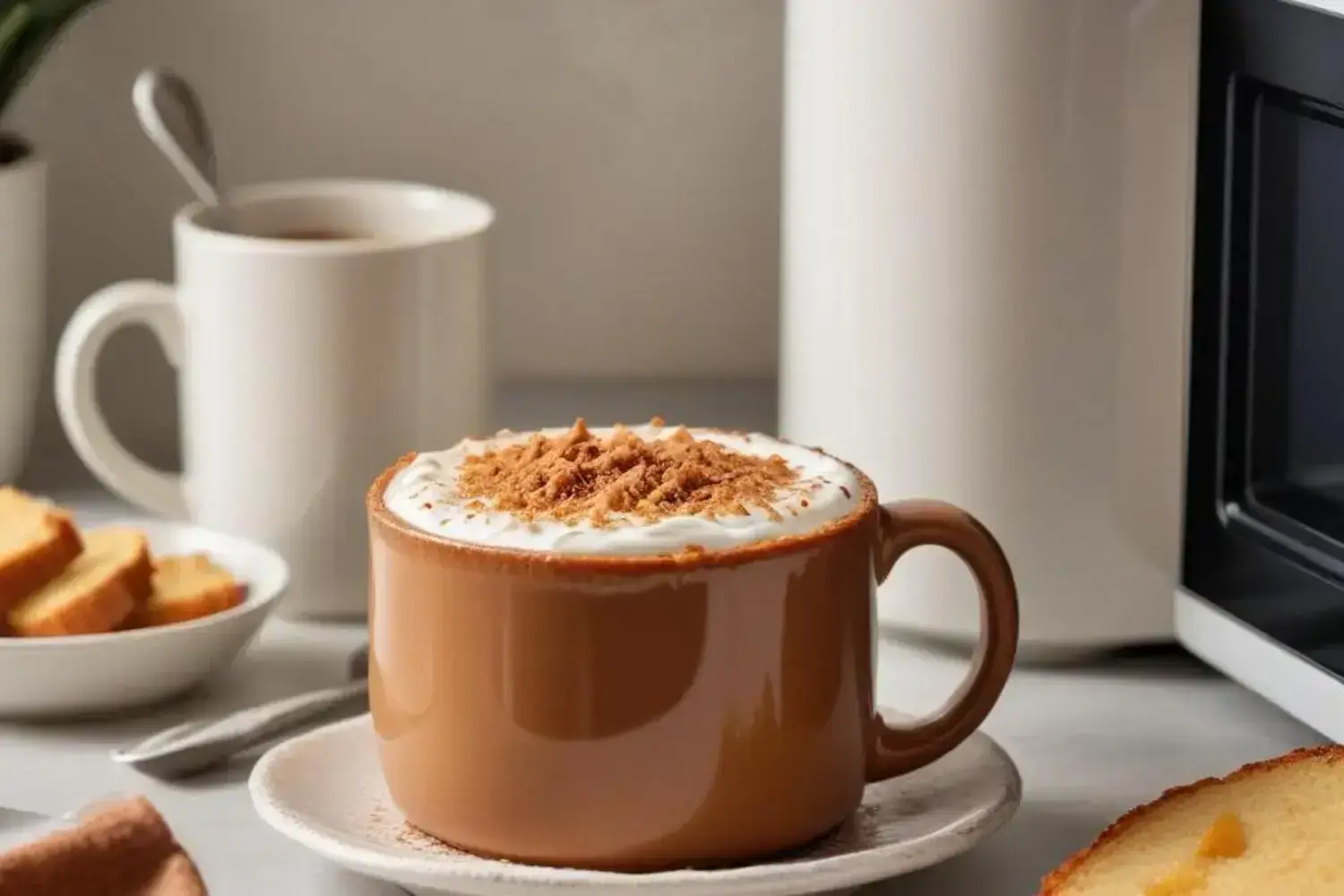 Taza marrón con bizcocho a la taza cubierta de crema y trocitos de galleta, acompañada de rebanadas de bizcocho en un plato blanco.