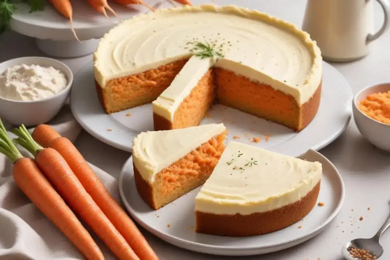 Pastel de zanahoria saludable con glaseado cremoso, decorado con hojas verdes, rodeado de zanahorias frescas y un cuenco de ralladura.